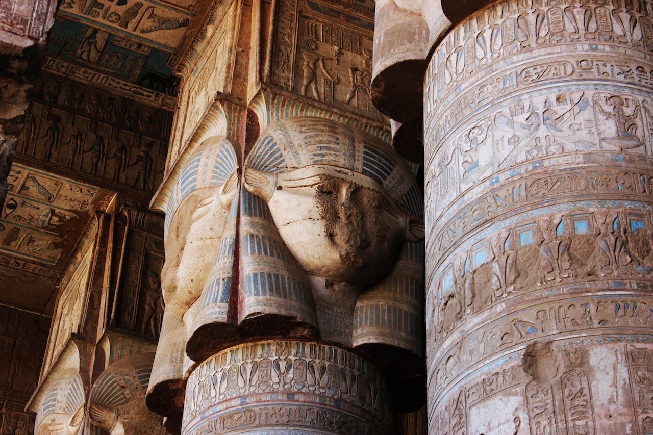 Hypostyle hall with columns in the temple of Hathor at Dendera, Egypt