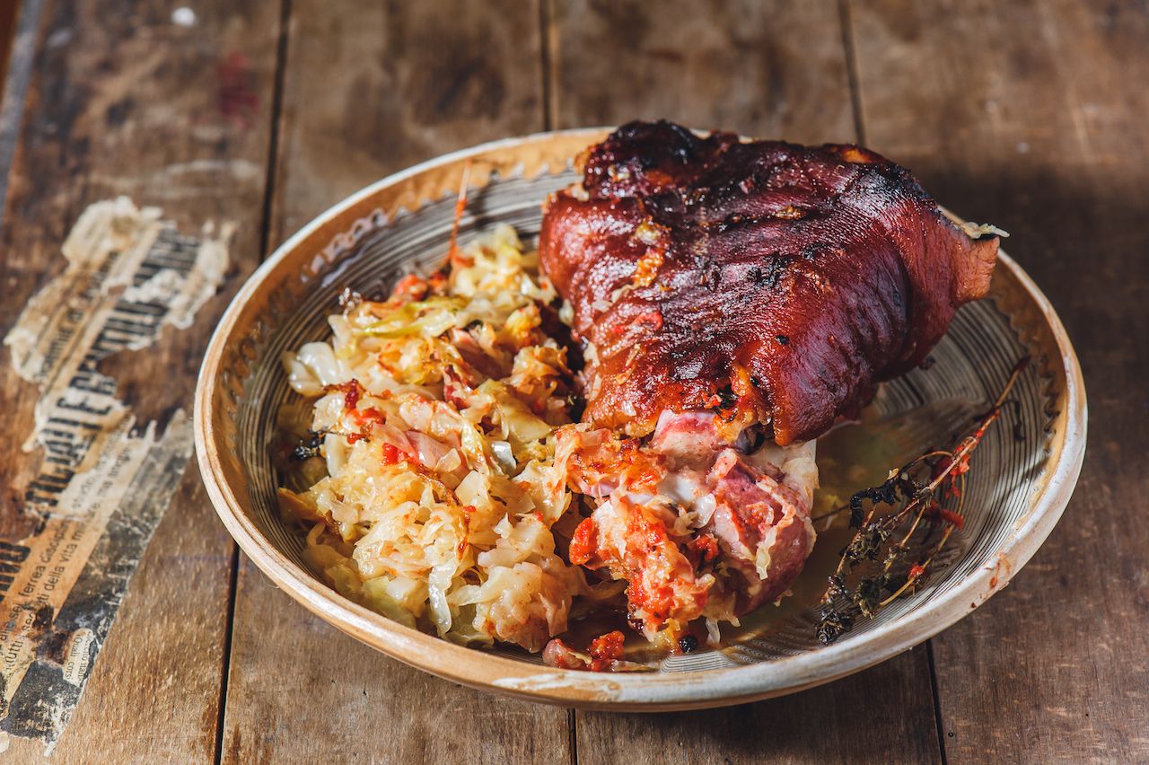 Plate of cabbage and smoked pork