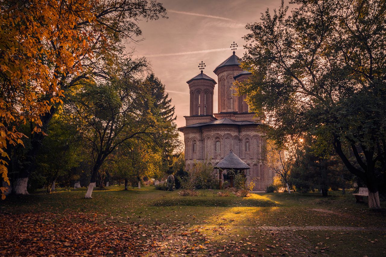 Snagov Monastery in Transylvania, Romania, at sunset
