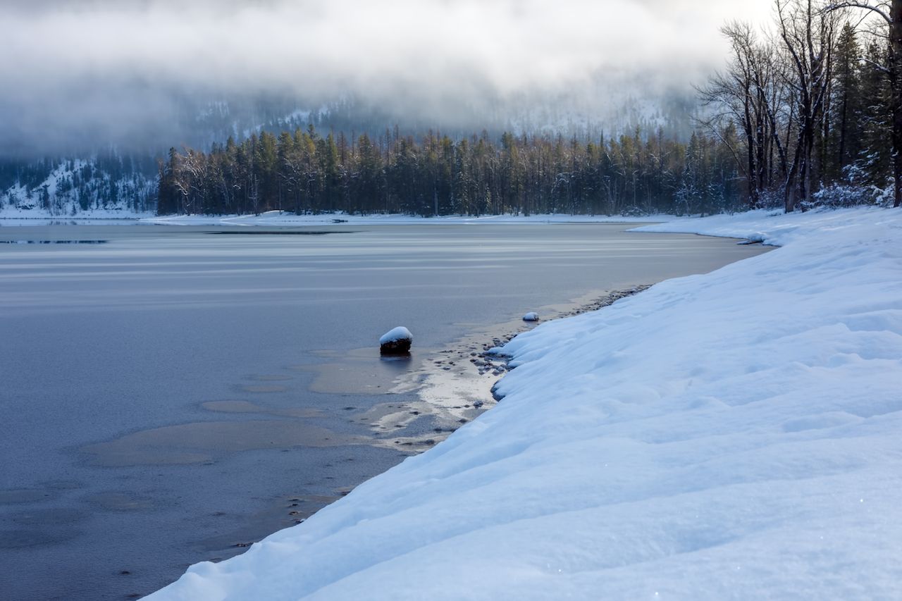 Lake McDonald icy shore Glacier National Park, Montana